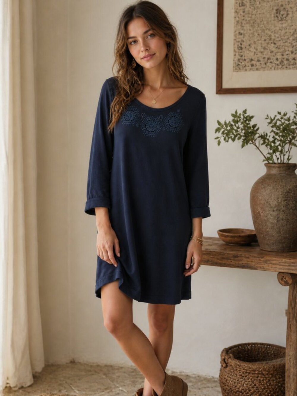 Embroidered cutout quiet luxury navy boho festival resort vacation dress